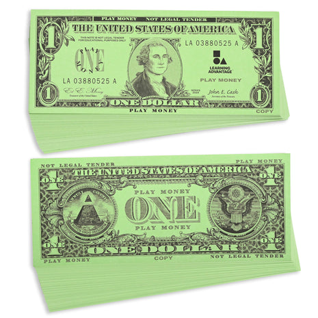 LEARNING ADVANTAGE One Dollar Play Bills, Set of 100, Sized Like Real Cash | Play Money for Teaching Currency and counting