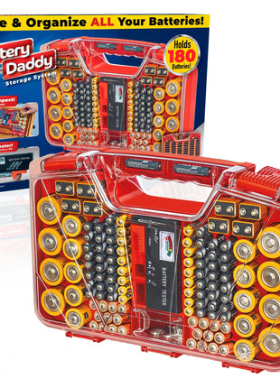Ontel Battery Daddy Storage & Organizer Case w/Tester, Stores & Protects Up to 180 Batteries, Double-Sided, Clear Locking Lid, Secure Latches & Portable Carrying Handle - Red (Batteries Not Included)