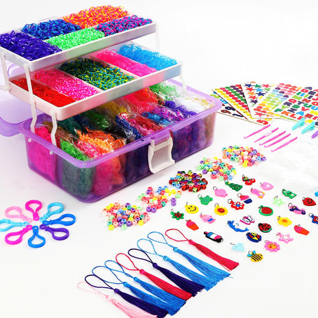 15000+ Rubber Loom Bands, Mega Rubber Bands Bracelet Kit,Loom Bracelet Making Kit with 3 Layer Container,30 Colors,380 Beads,30 Charms,Clips, Hooks Tools for DIY Art Holiday Gift