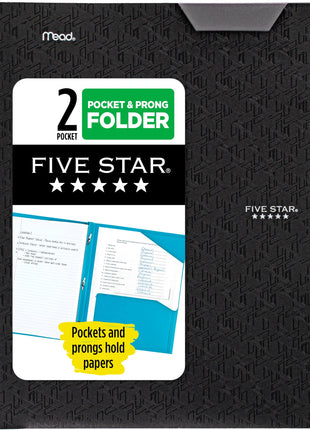 Five Star 2-Pocket Folder, Plastic Folder with Stay-Put Tabs and Prong Fasteners, Holds 8-1/2 inch x 11 inch Paper, Black (72113)