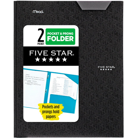 Five Star 2-Pocket Folder, Plastic Folder with Stay-Put Tabs and Prong Fasteners, Holds 8-1/2 inch x 11 inch Paper, Black (72113)