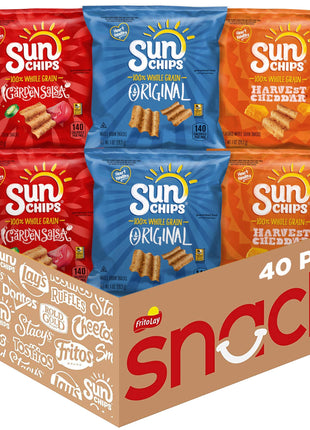SunChips 100% Whole Grain Chips, Variety Pack, 1 oz Bags, Pack of 40, No Artificial Flavors, Colors