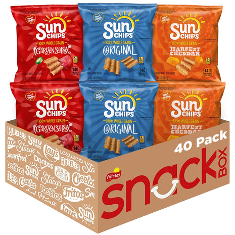 SunChips 100% Whole Grain Chips, Variety Pack, 1 oz Bags, Pack of 40, No Artificial Flavors, Colors