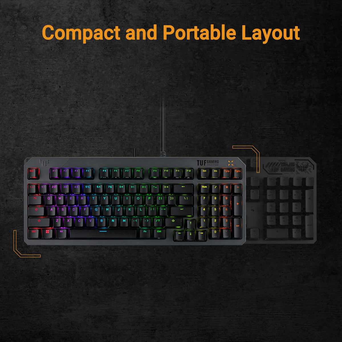 ASUS TUF Gaming K3 Gen II keyboard with compact 97-key, optical-mechanical RGB Blue (Clicky) switches, silicone-gasket mount, dampening foam, IP57 waterproofing, a detachable top plate, and Aura Sync.