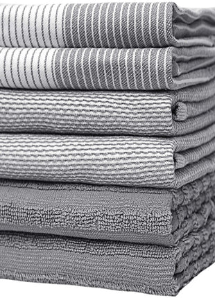 Premium Kitchen Towels 6 Pack 100% Cotton, 20"x28" Dish Towels - Grey | Large Flat & Terry Kitchen Linen Set with Hanging Loops, Highly Absorbent for Washing and Drying Dishes