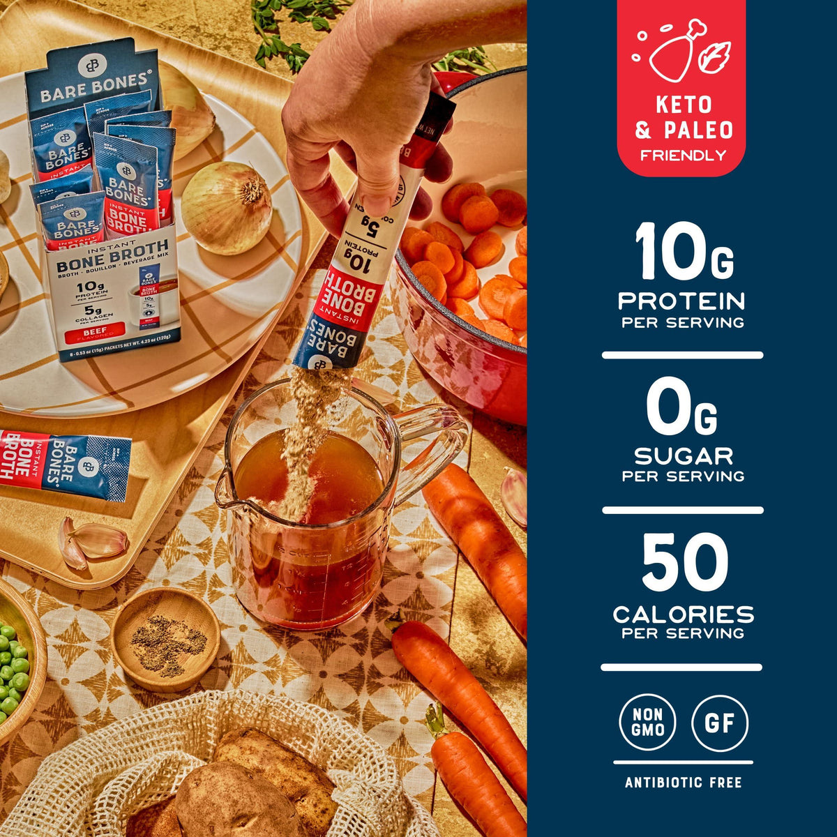 Bare Bones Beef Bone Broth Instant Powdered Mix | Rich Savory Packets on-the-Go No Artificial Flavors | Keto & Paleo Friendly | 10g Protein | 16 Pack