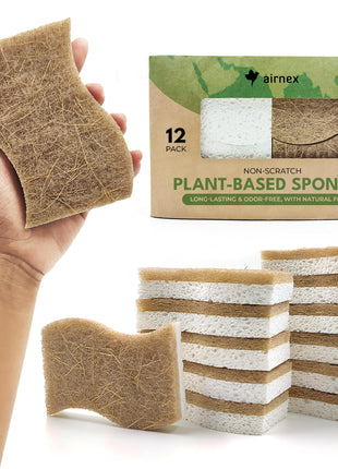 AIRNEX Natural Kitchen Sponges (12 Pack) - Biodegradable Cellulose & Coconut Scrubber Dish Sponges for Kitchen - Eco-Friendly, Non Scratch, Compostable, Non Toxic S-Shaped Natural Sponges for Dishes