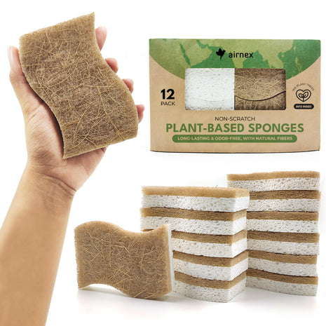 AIRNEX Natural Kitchen Sponges (12 Pack) - Biodegradable Cellulose & Coconut Scrubber Dish Sponges for Kitchen - Eco-Friendly, Non Scratch, Compostable, Non Toxic S-Shaped Natural Sponges for Dishes