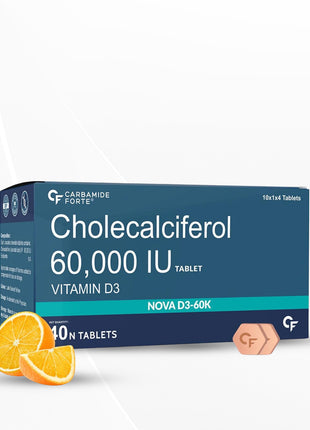 Carbamide Forte Vitamin D3 60000 IU Capsules | Vitamin D3 60k Supplement Orange Flavour - 40 Tablets