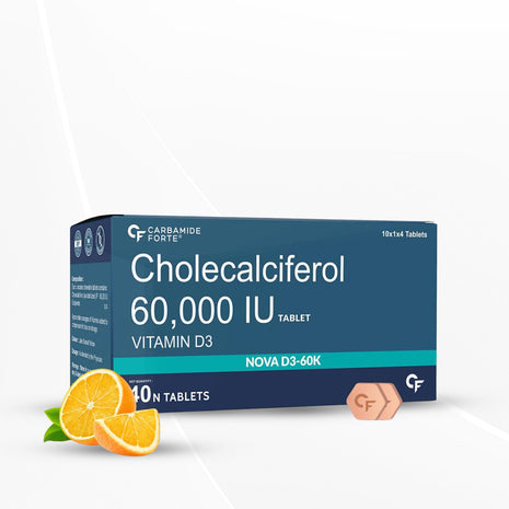 Carbamide Forte Vitamin D3 60000 IU Capsules | Vitamin D3 60k Supplement Orange Flavour - 40 Tablets