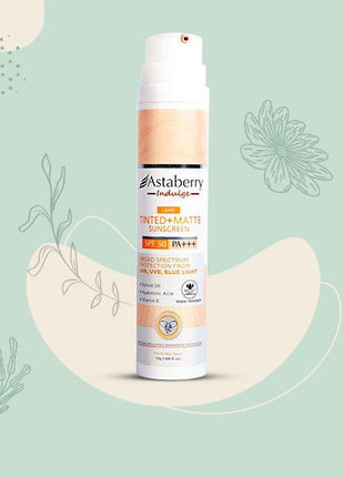 Astaberry Indulge Tinted Matte Sunscreen SPF 50 PA+++ | Broad Spectrum Protection from UVA/B & Blue Light | Suncat DE & No White Cast |Provides a Light Tint - 50g (Light)
