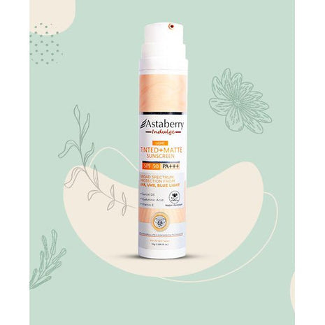 Astaberry Indulge Tinted Matte Sunscreen SPF 50 PA+++ | Broad Spectrum Protection from UVA/B & Blue Light | Suncat DE & No White Cast |Provides a Light Tint - 50g (Light)