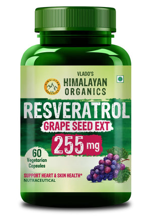 Vlado's Himalayan Organics Resveratrol 255mg with Grape Seed Extract Supplement | Anti Aging Supplement for Youthful Skin I Pharma Grade Resveratrol Supplements for Max Absorption - 60 Veg Capsules