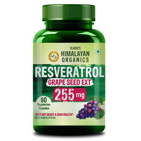 Vlado's Himalayan Organics Resveratrol 255mg with Grape Seed Extract Supplement | Anti Aging Supplement for Youthful Skin I Pharma Grade Resveratrol Supplements for Max Absorption - 60 Veg Capsules
