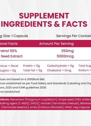 Vlado's Himalayan Organics Resveratrol 255mg with Grape Seed Extract Supplement | Anti Aging Supplement for Youthful Skin I Pharma Grade Resveratrol Supplements for Max Absorption - 60 Veg Capsules