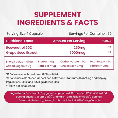 Vlado's Himalayan Organics Resveratrol 255mg with Grape Seed Extract Supplement | Anti Aging Supplement for Youthful Skin I Pharma Grade Resveratrol Supplements for Max Absorption - 60 Veg Capsules