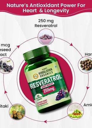 Vlado's Himalayan Organics Resveratrol 255mg with Grape Seed Extract Supplement | Anti Aging Supplement for Youthful Skin I Pharma Grade Resveratrol Supplements for Max Absorption - 60 Veg Capsules
