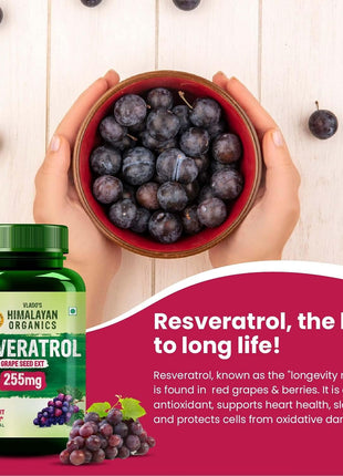 Vlado's Himalayan Organics Resveratrol 255mg with Grape Seed Extract Supplement | Anti Aging Supplement for Youthful Skin I Pharma Grade Resveratrol Supplements for Max Absorption - 60 Veg Capsules
