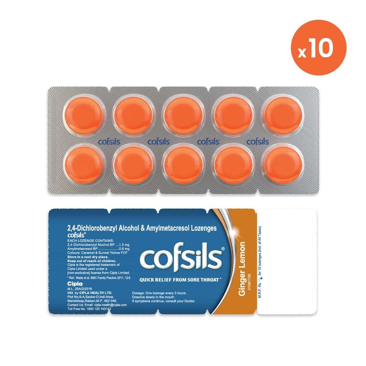 Cipla Cofsils Lozenges (100 Lozenges) | Ginger Lemon Flavour | Quick Relief from Sore Throat, Itchy Throat and Scratchy Throat (10 x 10 Strips)