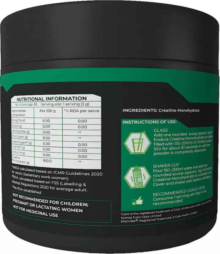 Endura Gym Creatine Monohydrate Powder | Muscle Recovery | Exercise Performance | 250g