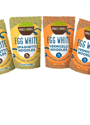 Miracle Noodle Egg White Pasta Variety Pack, 3.5 Oz (Pack of 6), Spaghetti, Vermicelli Angel Hair, Ready to Eat Egg White Noodles, 10g Protein, 45 Calories, 1g Net Carbs Per Serving, High Protein, Keto, Gluten-Free