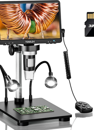 TOMLOV DM9 7" Digital Microscope: 1080P 1200X Coin Microscope Magnifier, 12MP Ultra-Precise Focusing LCD Soldering Microscopes for Adults, PC View, 16GB