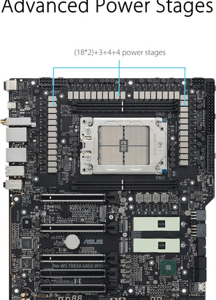 ASUS Pro WS TRX50-SAGE WIFI CEB Workstation motherboard, AMD Ryzen Threadripper PRO 7000 WX,ECC R-DIMM DDR5, 36 power-stage, WiFi 7,PCIe 5.0 x 16,PCIe 5.0 M.2, 10 Gb and 2.5 Gb LAN, multi-GPU support.
