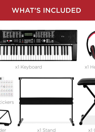 Best Choice Products 61 Key Beginners Complete Electronic Keyboard Piano Set w/Lighted Keys, LCD Screen, Headphones, Stand, Bench, Teaching Modes, Note Stickers, Built In Speakers   Black