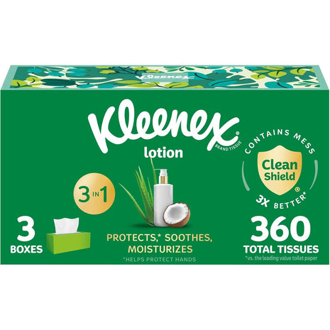 Kleenex Lotion Facial Tissues with Coconut Oil, 3 Flat Boxes, 120 Tissues Per Box, 3-Ply