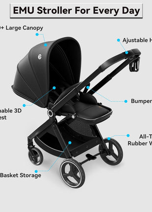 EMU Full-Size Foldable Baby Stroller Full Recline Cockpit Compact Toddler Stroller with Reversible Seat All-Terrain Newborn Infant Pram Carriage for City Outdoor - Dark Blue