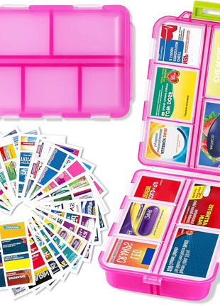 Pill Organizer with Medicine Labels Travel Daily Pill Container Mini Medication Organizer Storage Pill Organizer Travel Essentials Pill Case 7 Day (Pink & 161 Lables)