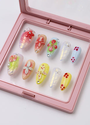 Handmade Medium Almond Nails Thick Press on Nails Aurora Colourful Fake Nails with 3D Tropical Flower Art Design Reusable Acrylic False Nails, Nature Stick on Nail for Wome (Size S)