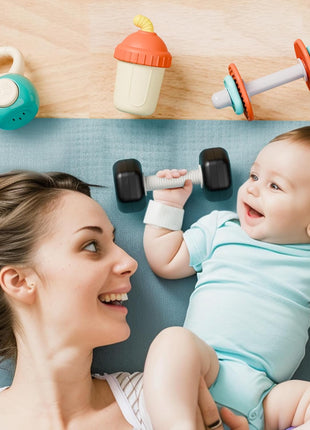 iPlay, iLearn Baby First Gym Rattle Set, Infant Dumbbell Weights Teething Rattles 3-6-12 Month, Newborn Workout Sensory Stroller Toy, Babies Birthday Shower Gift 5 7 8 9 10 Month Toddler Boy Girl-4PCS