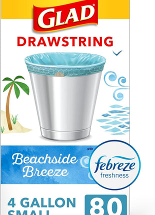 Glad Small Trash Bags 4 Gallon, Febreze Beachside Breeze Garbage Bags, Odor Resistant with Drawstring, 80 Count