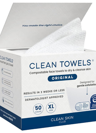Clean Skin Club Clean Towels XLｮ, 100% USDA Biobased Face Towel, Disposable Face Towelette, Eczema Association Accepted, Makeup Remover Dry Wipes, Ultra Soft, 1 Pack, 50 Ct