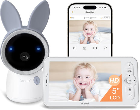 ARENTI Baby Monitor with Camera and Audio, 4MP Video Baby Monitor with 5inch Screen, Dual-Band 2.4G/5G WiFi with App, Cry & Motion Detection, Auto Tracking, Temp&Humidity Sensor, Night Vision,2-Way Talk