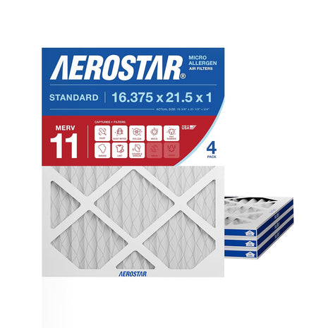 Aerostar 16.375x21.5x1 MERV 11 - 4 Count - Pleated HVAC, Furnace & Air Conditioner Filters - Removes Dust, Cold & Flu Germs, Lint, Mold, Pet Dander, Allergy-Causing Pollen, Smog & Smoke