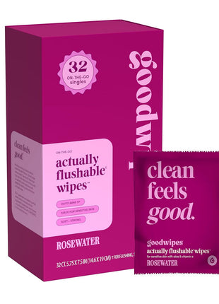 goodwipes Flushable Wipes for Women - Rosewater Individually Wrapped Travel Butt Wipes To Go, Mini Purse & Festival Essentials for Adults, pH Balanced for Feminine Hygiene, 32 Count (1 Pack)