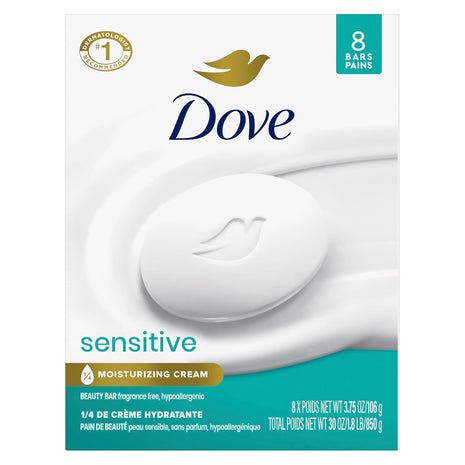 Dove Beauty Bar Soap Sensitive, 8 Bars for Sensitive Skin, Fragrance Free and Hypoallergenic 3.75 oz | Fragrance-free, hypoallergenic beauty bar with 1⁄4 moisturizing cream for sensitive skin on face, body and hands