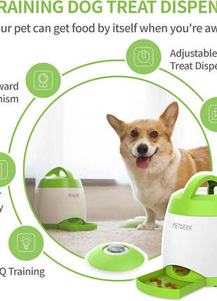 PETGEEK Automatic Dog Treat Dispenser with Button - Puzzle Memory Training Feeder, Pet Geek Button Treat Food Dispensing Toys Interactive, Iq Training Dog Feeder (Green)