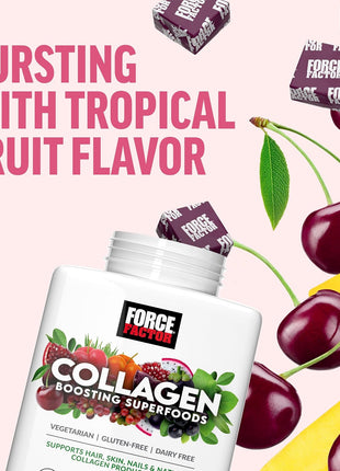 Force Factor Collagen Boosting Superfoods, Vegan Collagen Booster for Women | with Biotin, Hyaluronic Acid, and Vitamin C, for Hair, Skin, Nails, & Joint Support, Tropical Fruit, 120 Soft Chews, 2-Pack