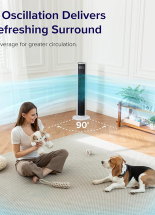 Levoit Tower Fan for Bedroom, 28ft/s Fans that Blow Cold Air, 28dB Quiet | Standing Floor Fan for Room, 90° Oscillating, 5 Speeds 4 Modes & Temp Sensor, Bladeless, 12H Timer, Remoter, 36 inch, White