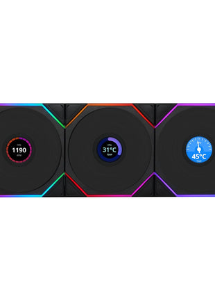 Lian Li UNI Fan TL LCD Wireless 120 - Triple Pack - Normal Blade (NOT Reverse) - 2.4 GHz Wireless Signal Control- Daisy-Chain -Customizable Lighting Effects-Controller Included - Black (12TLLCD1W3B)