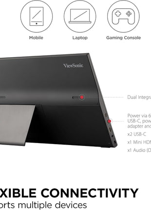 ViewSonic VA1655 15.6 Inch 1080p FHD IPS Portable Monitor with Built-in Stand, 60W USB C, Mini HDMI, Protective Case and Speakers for PC, Mac, Gaming Consoles, Phones
