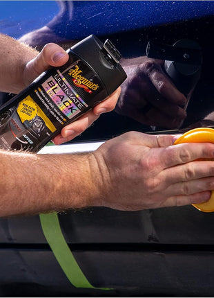 Meguiar's Ultimate Black Plastic Restorer, Durable Car Restorer for Faded Black Plastic, Vinyl, and Rubber, Restores Deep Color and Shine, for Car Guys, 12 Oz