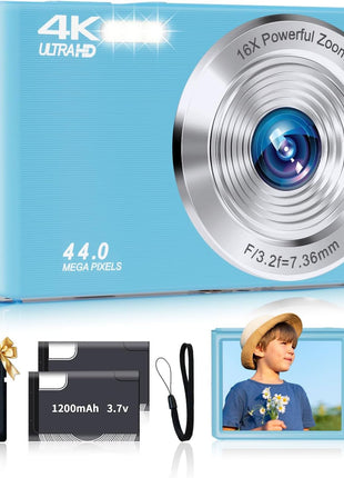 SMARTKLIK Digital Camera for Teens, FHD 4K 44MP with 64GB SD Card, 16X Digital Zoom, Compact Point Shoot Camera Blue