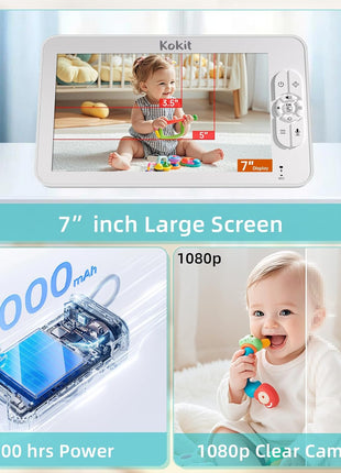 Baby Monitor with Camera and Audio - 7inch Split Screen, 5000mAh Battery (100H in VOX), 1080P PTZ Baby Camera Monitor with Flexible Mount, No WiFi Baby Monitor, Secure 2.4GHz FHSS