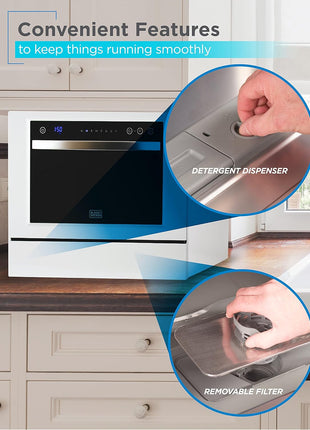BLACK+DECKER Countertop Dishwasher, Energy Star Certified, BCD6W, White | Counter Dish Washer with 7 Wash Programs, 6-Place Setting Capacity, 24-Hour Delayed Start