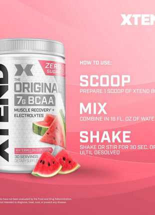 Xtend Original BCAA Powder, 7g BCAAs and 2.5g L-Glutamine for Muscle Recovery Hydration and Lean Muscle, Sugar Free Intra and Post Workout Drink with Electrolytes, Watermelon Explosion, 30 Servings