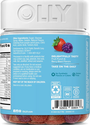 OLLY Kids Multivitamin & Probiotic Gummy, Digestive Support, Vitamins A, D, C, E, B, Zinc, Chewable Supplement, Berry Flavored, 50 Day Supply - 100 Count